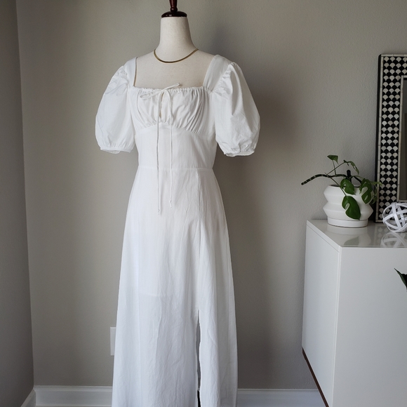 Square Neck Puff Sleeve Tie Bust Midi Maxi Dress - Picture 4 of 16